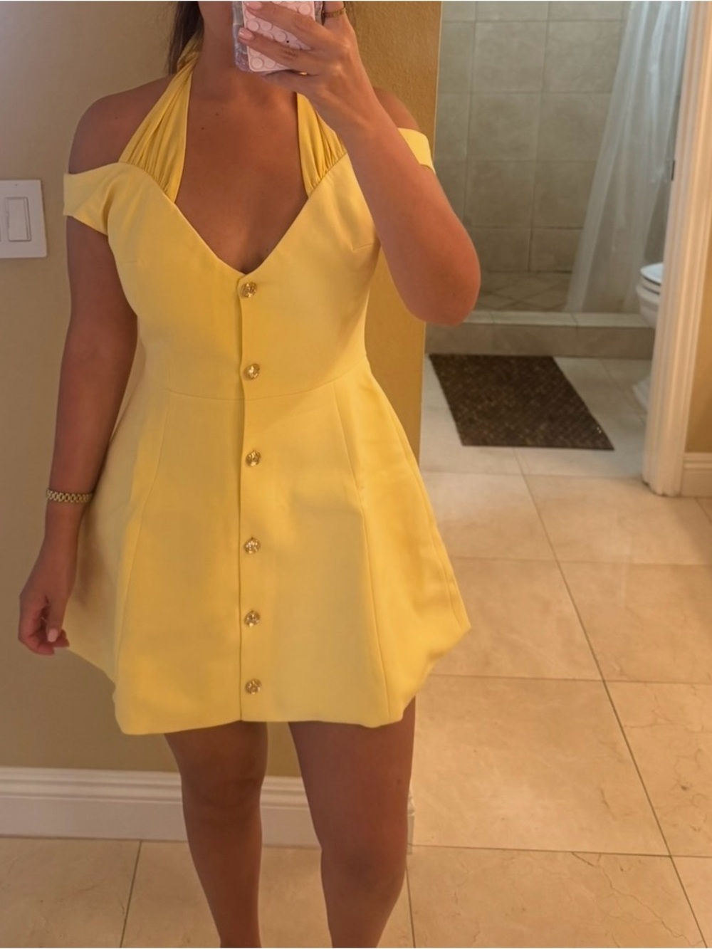 SHOWPO Yellow Halter Off-Shoulder Button Front Dress